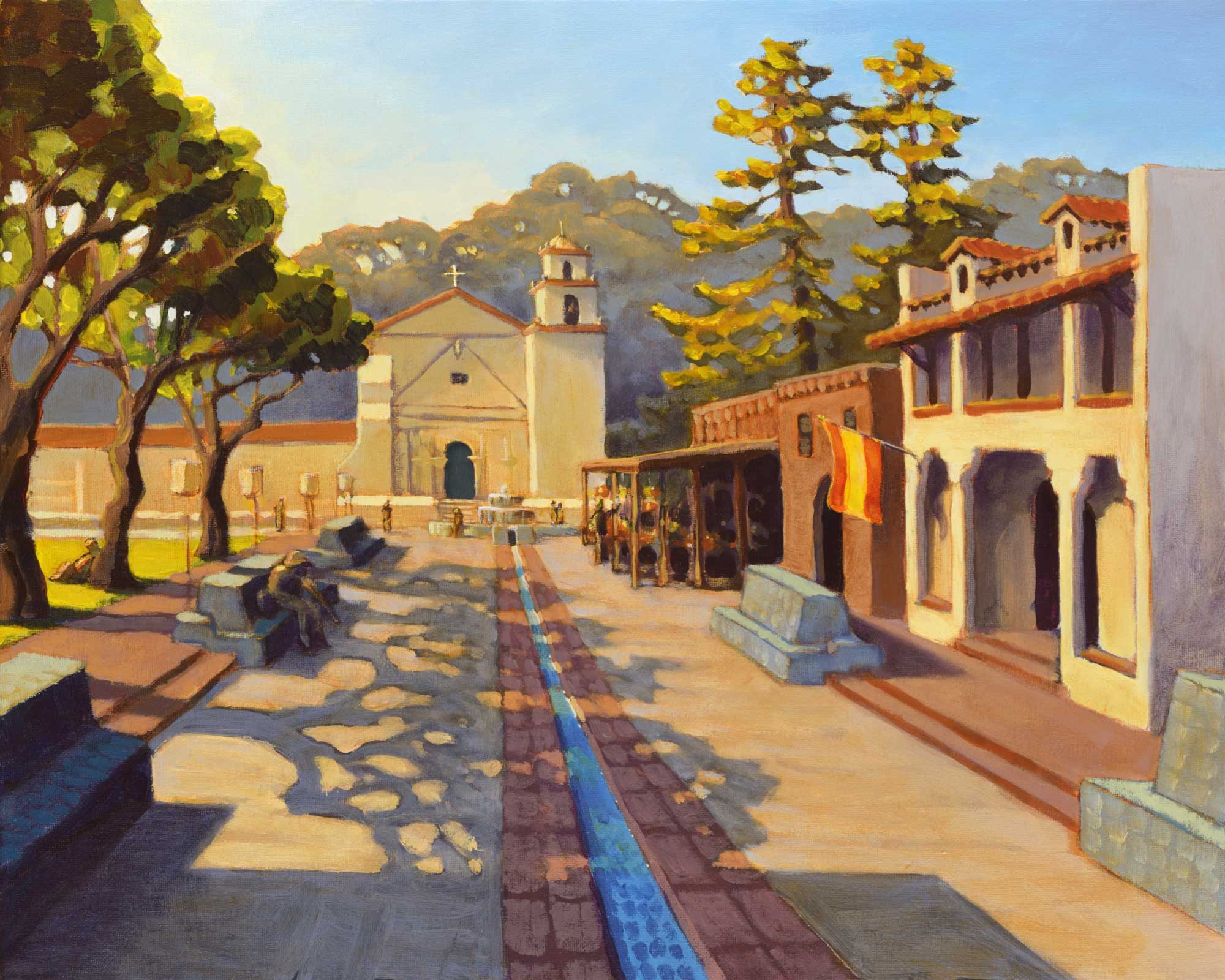 A plein air painting of the Ventura Mission and aqueduct fountain on the Southern California coast