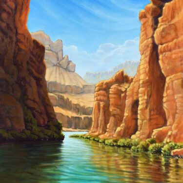 A landscape painting of the Colorado River in the Grand Canyon in Arizona