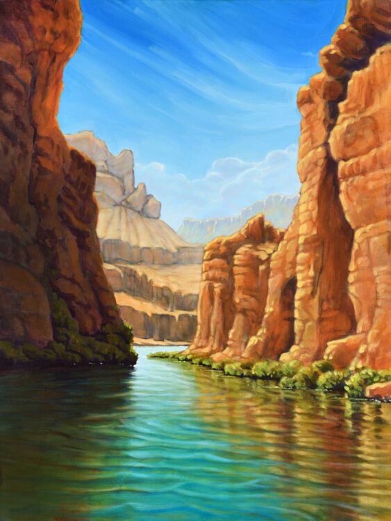 A landscape painting of the Colorado River in the Grand Canyon in Arizona