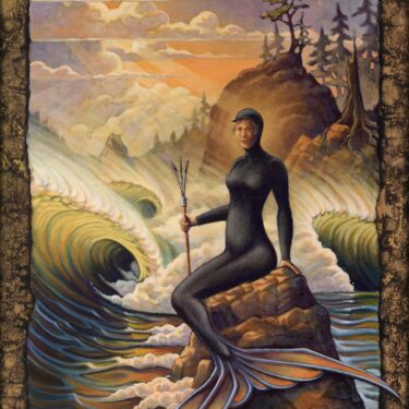 An imaginative painting of a coldwater mermaid with neoprene wetsuit skin on a rugged Nothern California coast