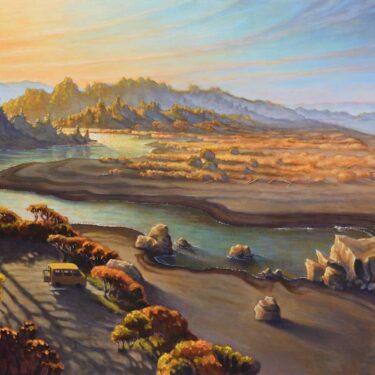 A landscape painting of Little River at Moonstone beach on Humboldt's Trinidad coast of northern California