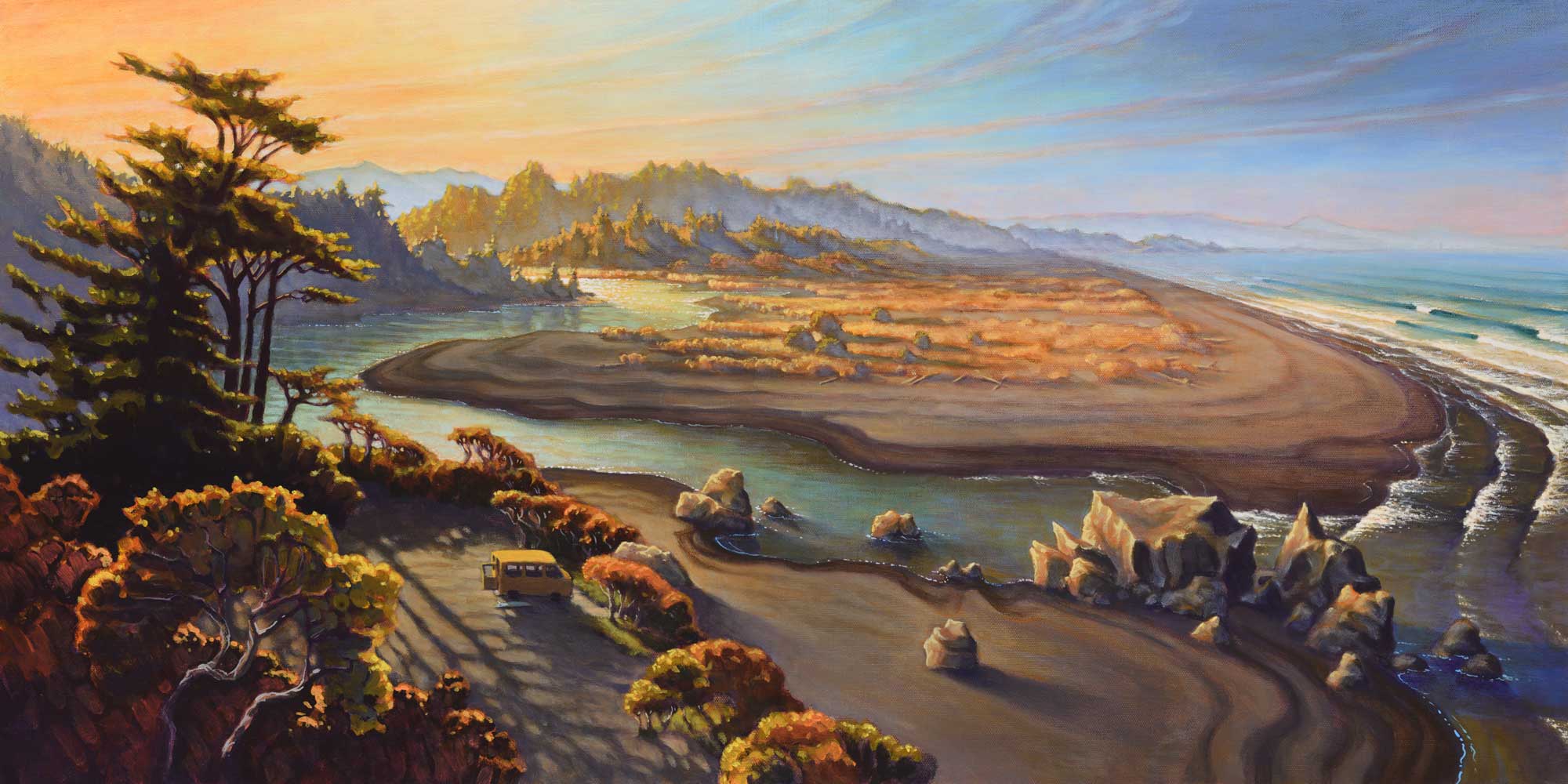 A landscape painting of Little River at Moonstone beach on Humboldt's Trinidad coast of northern California