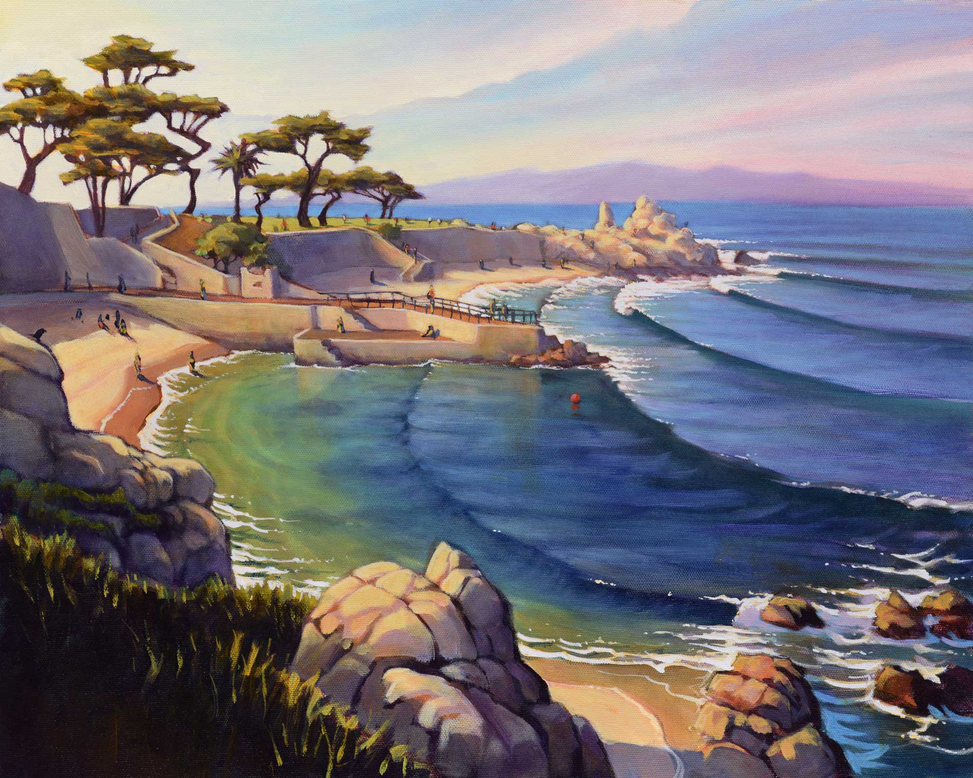 A plein air landscape painting of Lover's Point near Pacific Grove on the Monterey County coast of California