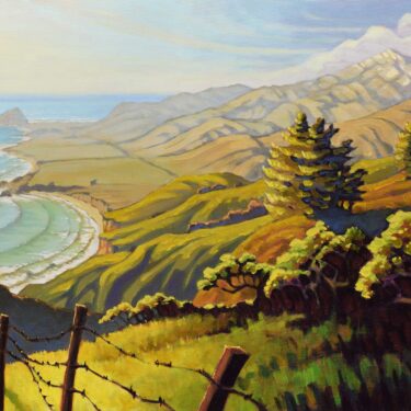 A plein air painting overlooking Andrew Molera and Point Sur with Pico Blanco in the distance on the Big Sur coast of California