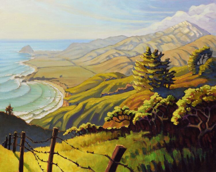 A plein air painting overlooking Andrew Molera and Point Sur with Pico Blanco in the distance on the Big Sur coast of California