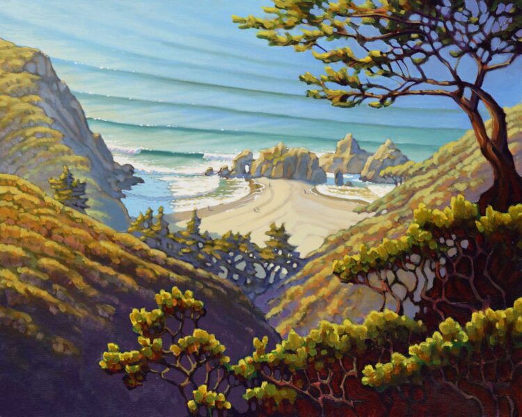 A plein air landscape painting looking down on Pfeiffer Beach on Monterey's Big Sur coast of Central California