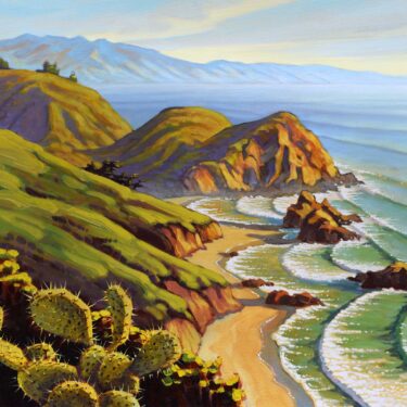A plein air landscape painting of cactus overlooking Pfeiffer Beach on Monterey's Big Sur coast of Central California