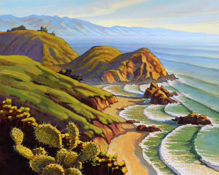 A plein air landscape painting of cactus overlooking Pfeiffer Beach on Monterey's Big Sur coast of Central California