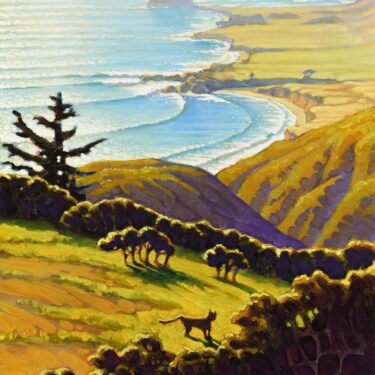 A plein air painting of a wildcat on a ridge overlooking Andrew Molera State Park and Point Sur on the central coast of California