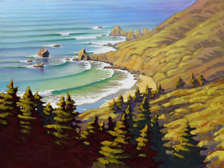 A plein air painting of Cooper point between Andrew Molera and Pfeiffer Beach on the Big Sur coast of central California