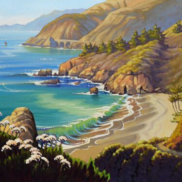 A plein air landscape painting of Gamboa point and Big Creek bridge on Highway One on Monterey's Big Sur coast of California