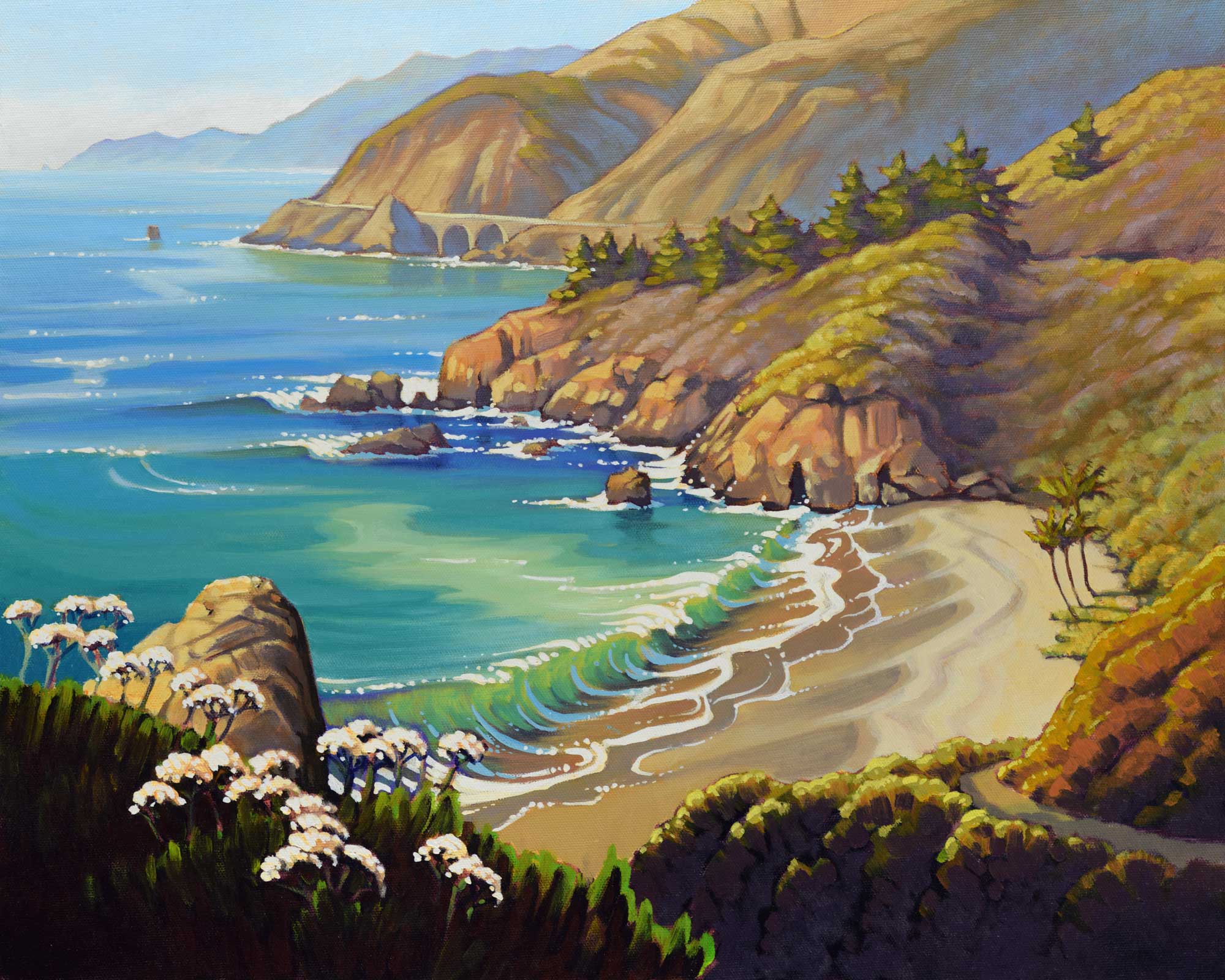 A plein air landscape painting of Gamboa point and Big Creek bridge on Highway One on Monterey's Big Sur coast of California