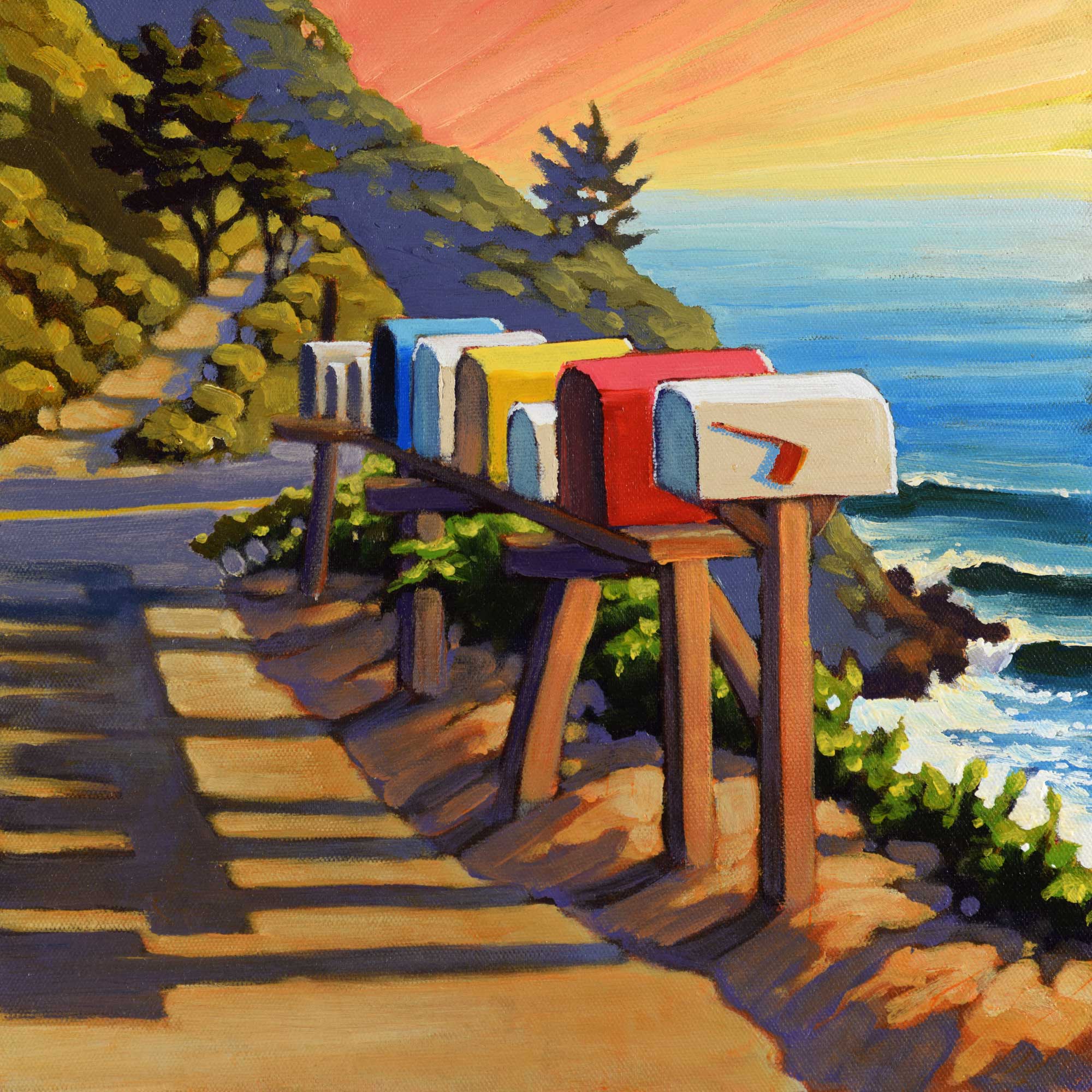 A plein air painting of a row of mailboxes beside Highway One along Monterey's Big Sur coast of Central California
