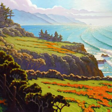 Plein air landscape painting of California poppies at Lopez point over Monterey's Big Sur Coast of Central California