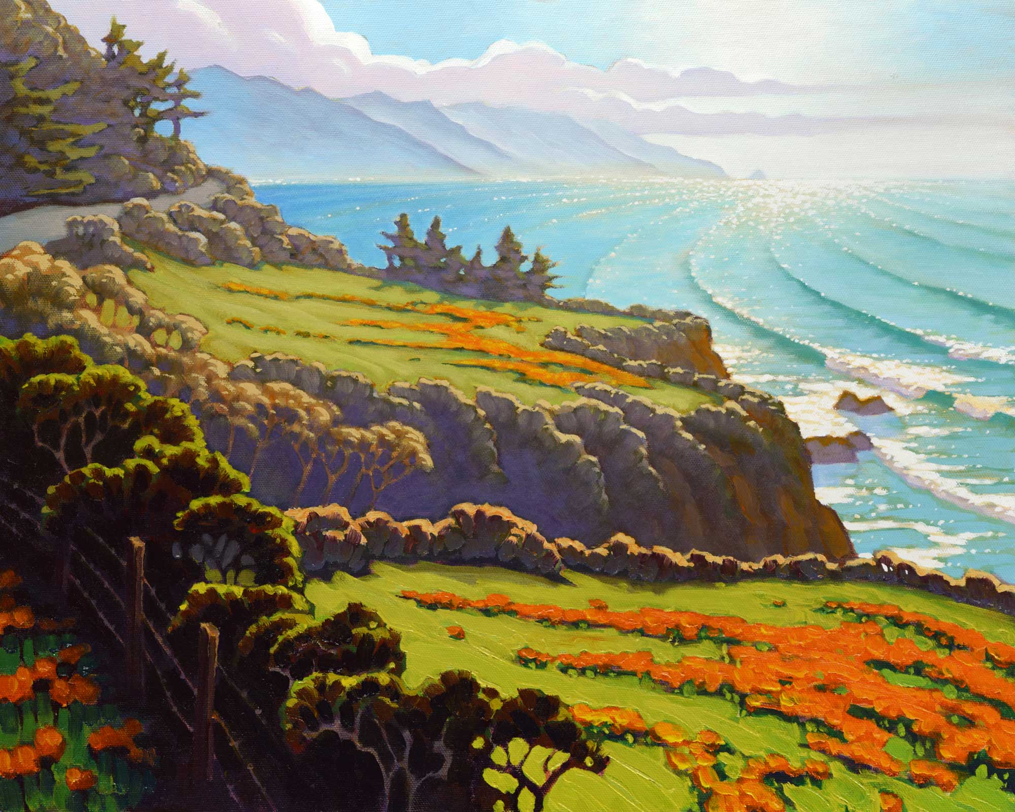 Plein air landscape painting of California poppies at Lopez point over Monterey's Big Sur Coast of Central California