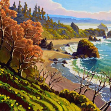 A plein air painting of Luffenholtz beach from Scenic Drive on Humboldt County's Trinidad coast in northern California
