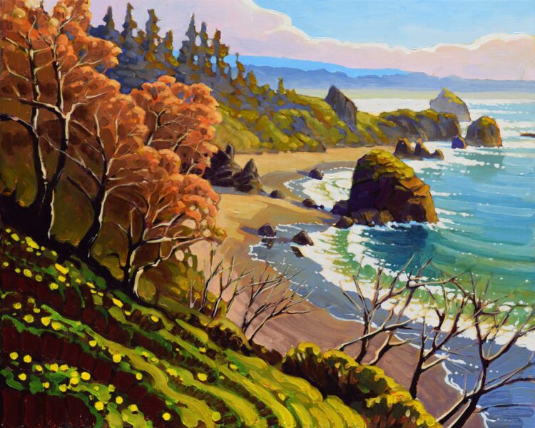 A plein air painting of Luffenholtz beach from Scenic Drive on Humboldt County's Trinidad coast in northern California