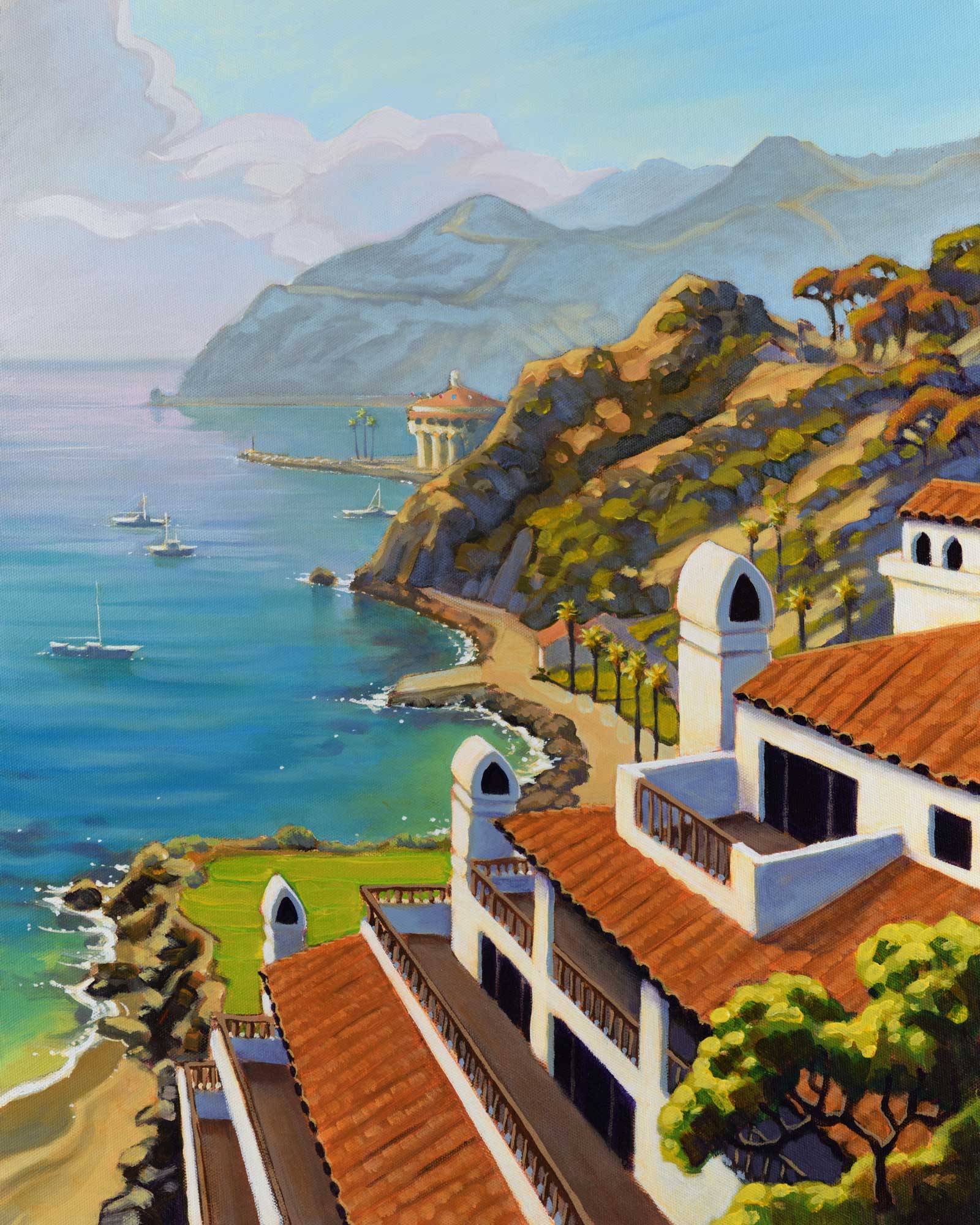 A plein air painting from Hamilton Cove looking toward Avalon Harbor on Catalina island off the coast of southern California