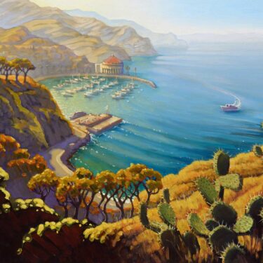 A plein air painting of the view over Avalon Harbor on Catalina Island off the coast of southern California