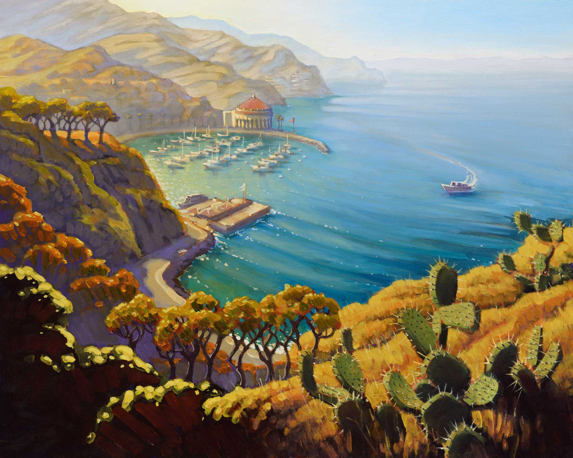 A plein air painting of the view over Avalon Harbor on Catalina Island off the coast of southern California