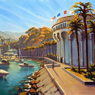 A plein air painting of the Casino building at Avalon Harbor on Catalina island off the coast of southern California
