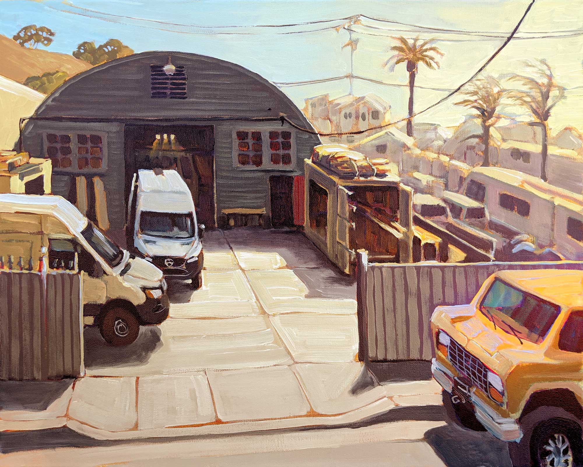 A plein air painting of Atlas Vans workshop in Ventura