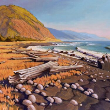 A plein air landscape painting of a rocky point on the far northern coast of California