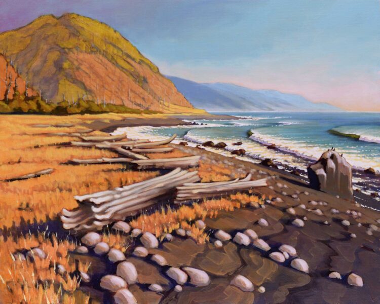 A plein air landscape painting of a rocky point on the far northern coast of California