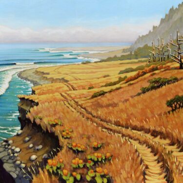 A plein air landscape painting of a trail through a coastal meadow on the far northern coast of California