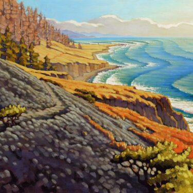 A plein air landscape painting of a trail crossing a landslide on a remote and rugged coast in northern California