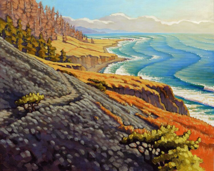 A plein air landscape painting of a trail crossing a landslide on a remote and rugged coast in northern California