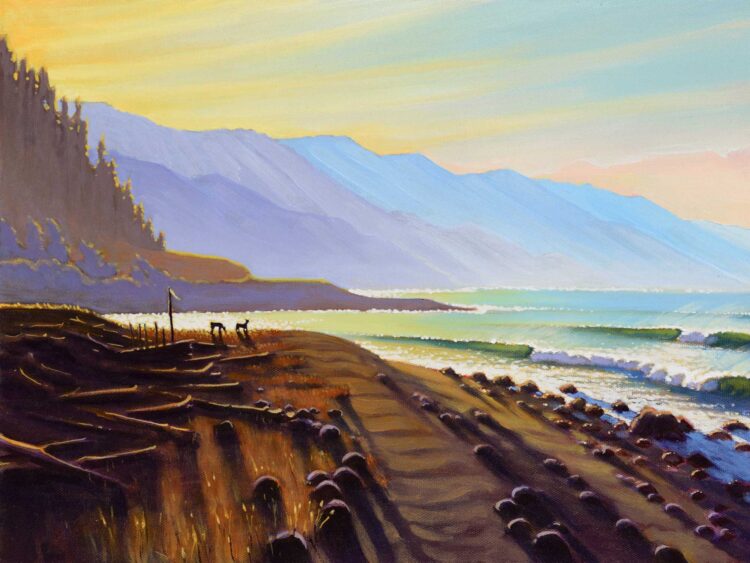 An early morning landscape painting of deer grazing on a coastal meadow at sunrise on the Northern California coast