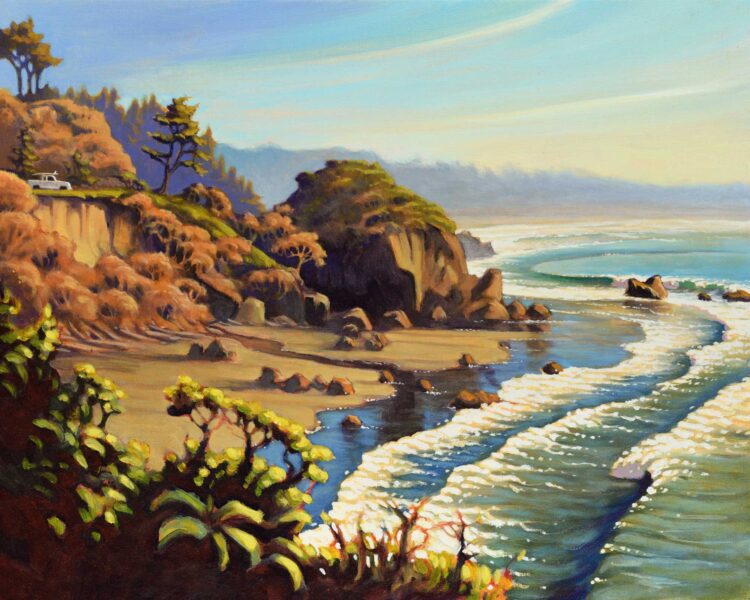 A painting of the beach at Houda Point near Camel Rock on Humboldt county's Trinidad coast in northern California