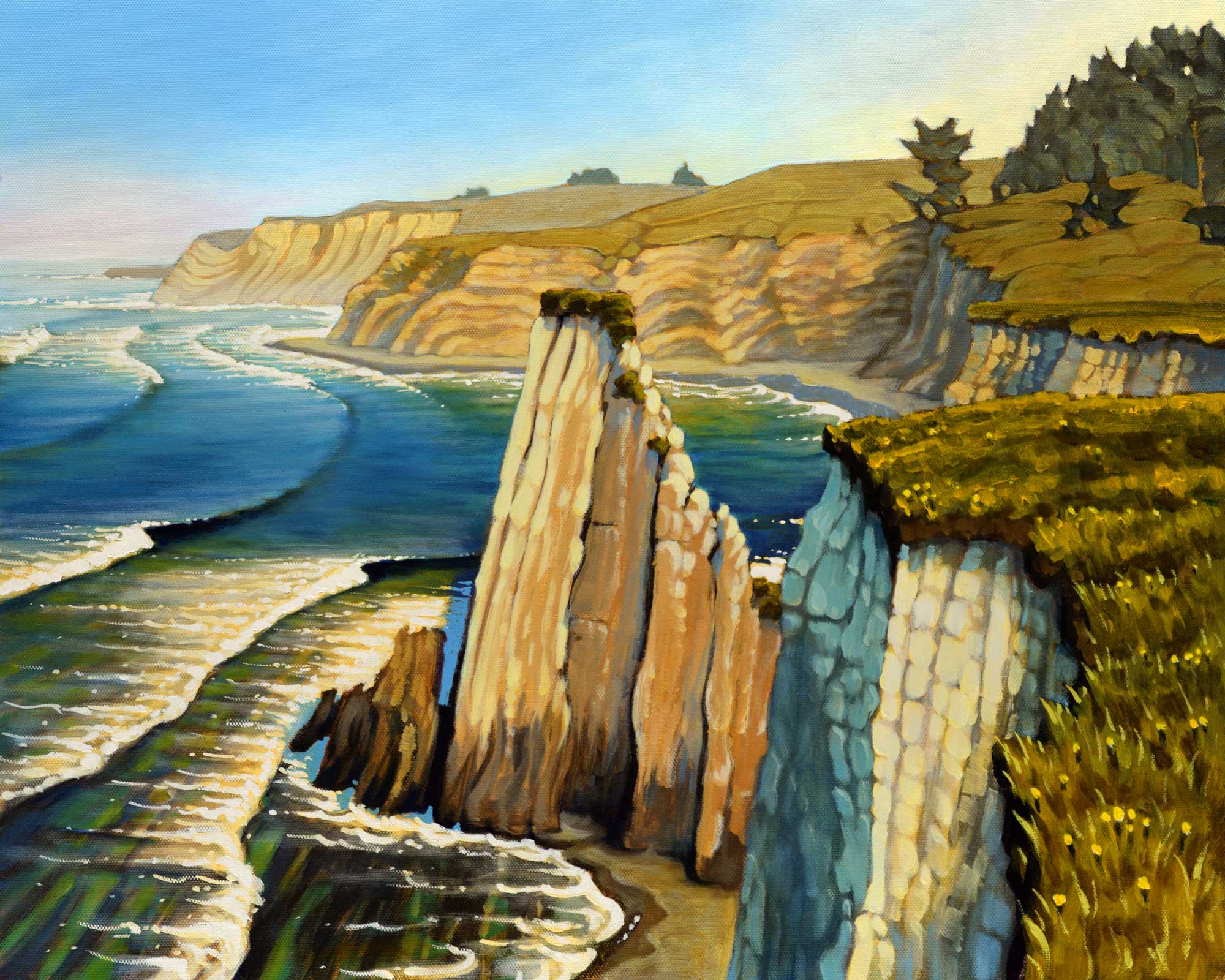 A plein air painting of the steep cliffs of the Pelican Bluffs trail on the Mendocino coast of northern California
