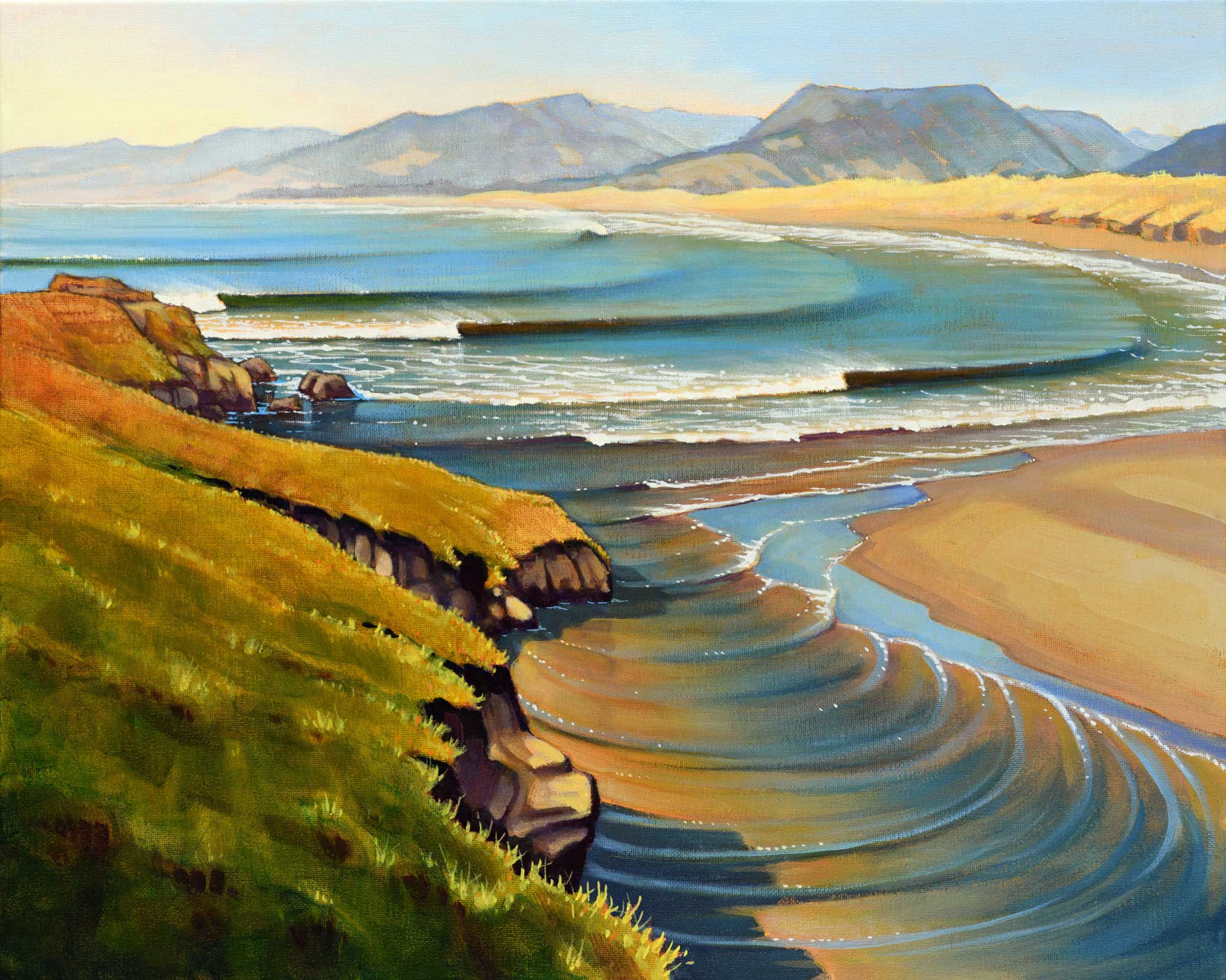 A painting of the Garcia Rivermouth near the Point Arena lighthouse on the Mendocino coast of northern California