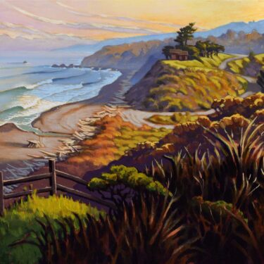 A painting of the view overlooking Irish Beach on a clear morning on the Mendocino coast of northern California