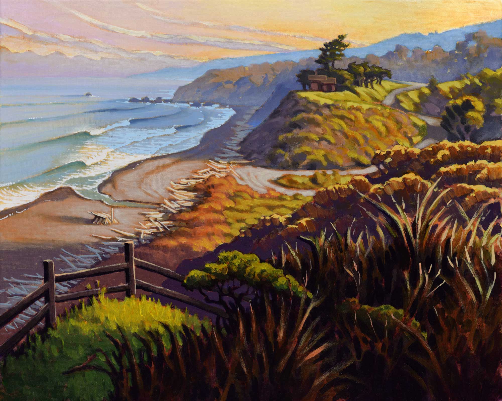 A painting of the view overlooking Irish Beach on a clear morning on the Mendocino coast of northern California