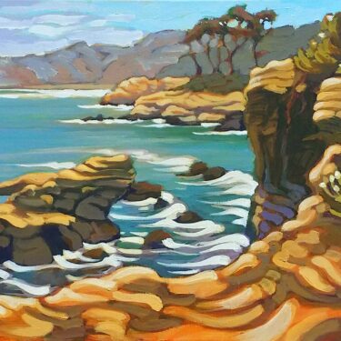 Plein air landscape painting of weather rock formations at La Jolla Cove in San Diego on the southern California coast