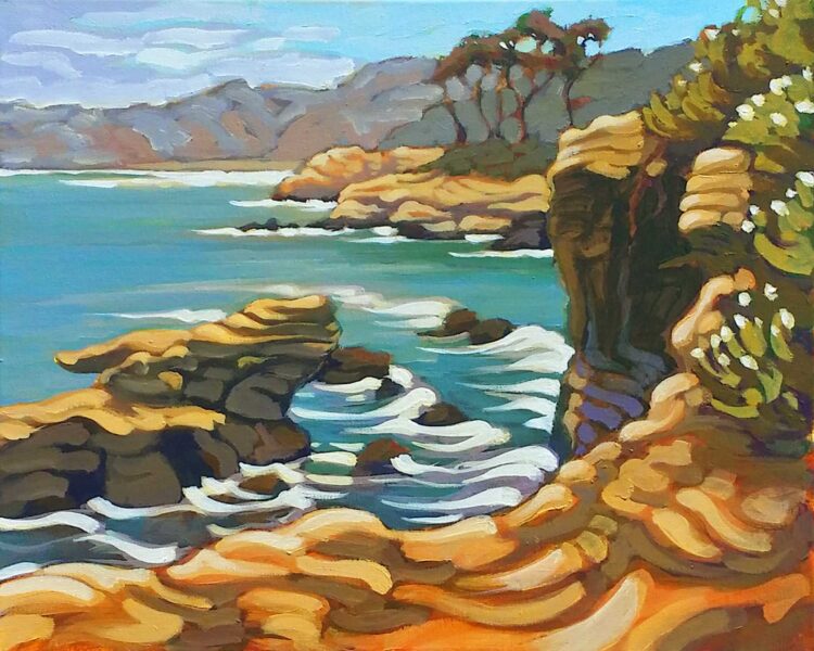 Plein air landscape painting of weather rock formations at La Jolla Cove in San Diego on the southern California coast