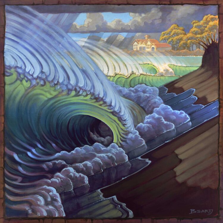Stylized painting of waves breaking on a steep beach during a storm on the northern California coast