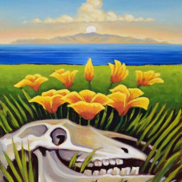 Plein air painting of an Island Poppy and a cow skull on Santa Rosa island looking toward Santa Cruz Channel Islands