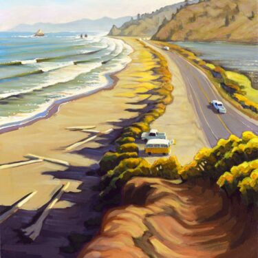 Plein air painting overlooking Highway 101 at Freshwater lagoon on the Humboldt coast of Northern California