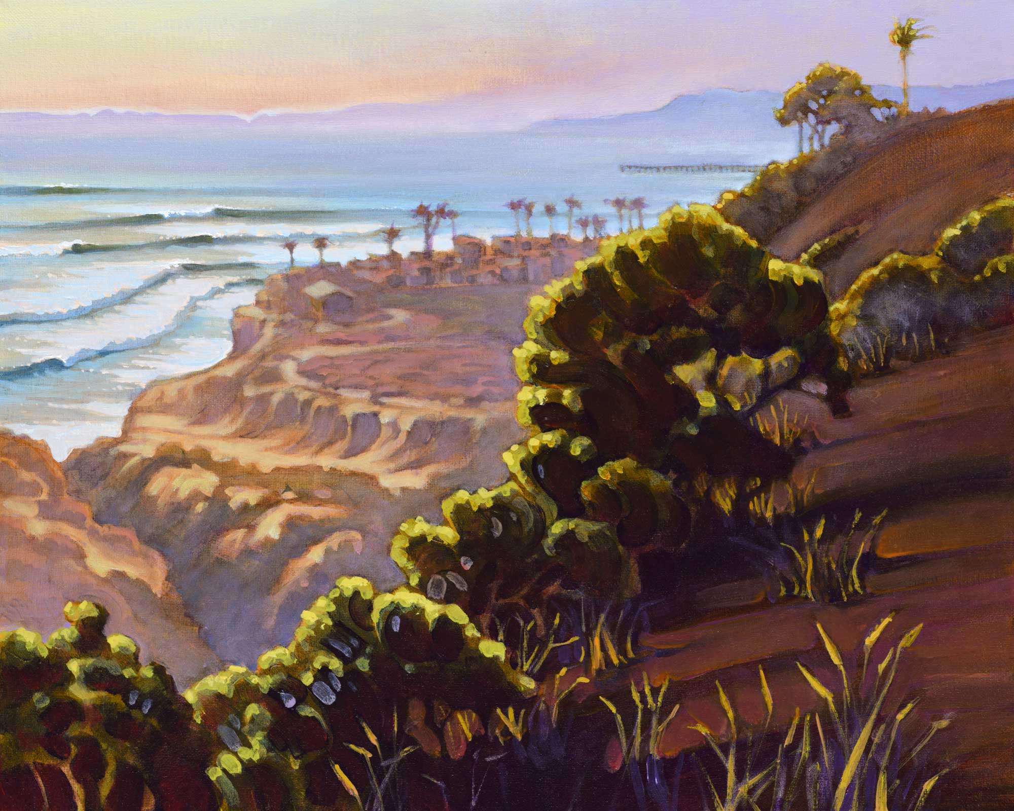 Plein air painting of a sunset over Sunset Cliffs in Pt. Loma on the San Diego coast of California