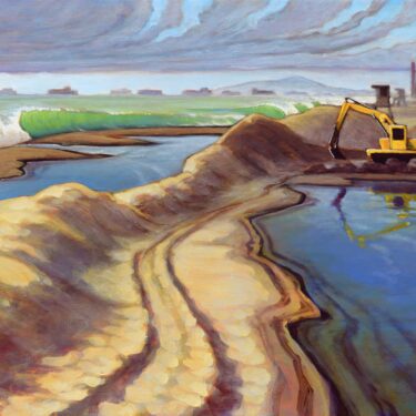 Painting of an excavator building a sand berm to protect the Santa Ana river from an oil spill in Newport Beach, California